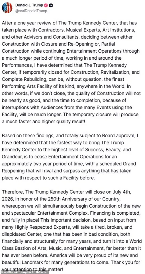 President Trump Announces Two-Year Closure of Kennedy Center for 250th Anniversary of America's Founding