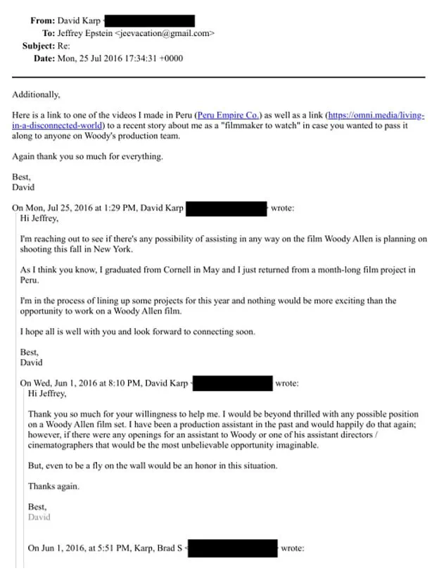 Epstein Emails Expose Karp's Unpaid Job Offer for Son on Woody Allen Film