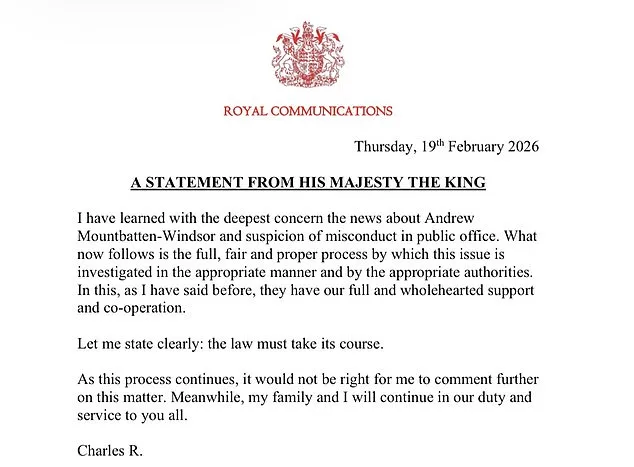King's 'Law Must Take Its Course' Statement and Royal Family Unity Amid Prince Andrew's Arrest