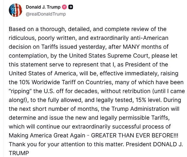 Trump Hikes Global Tariffs to 15% in Response to Supreme Court's Tax Plan Rejection